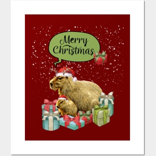 Capybara Merry Christmas and Christmas composition and gift box! Cute capybara Posters and Art